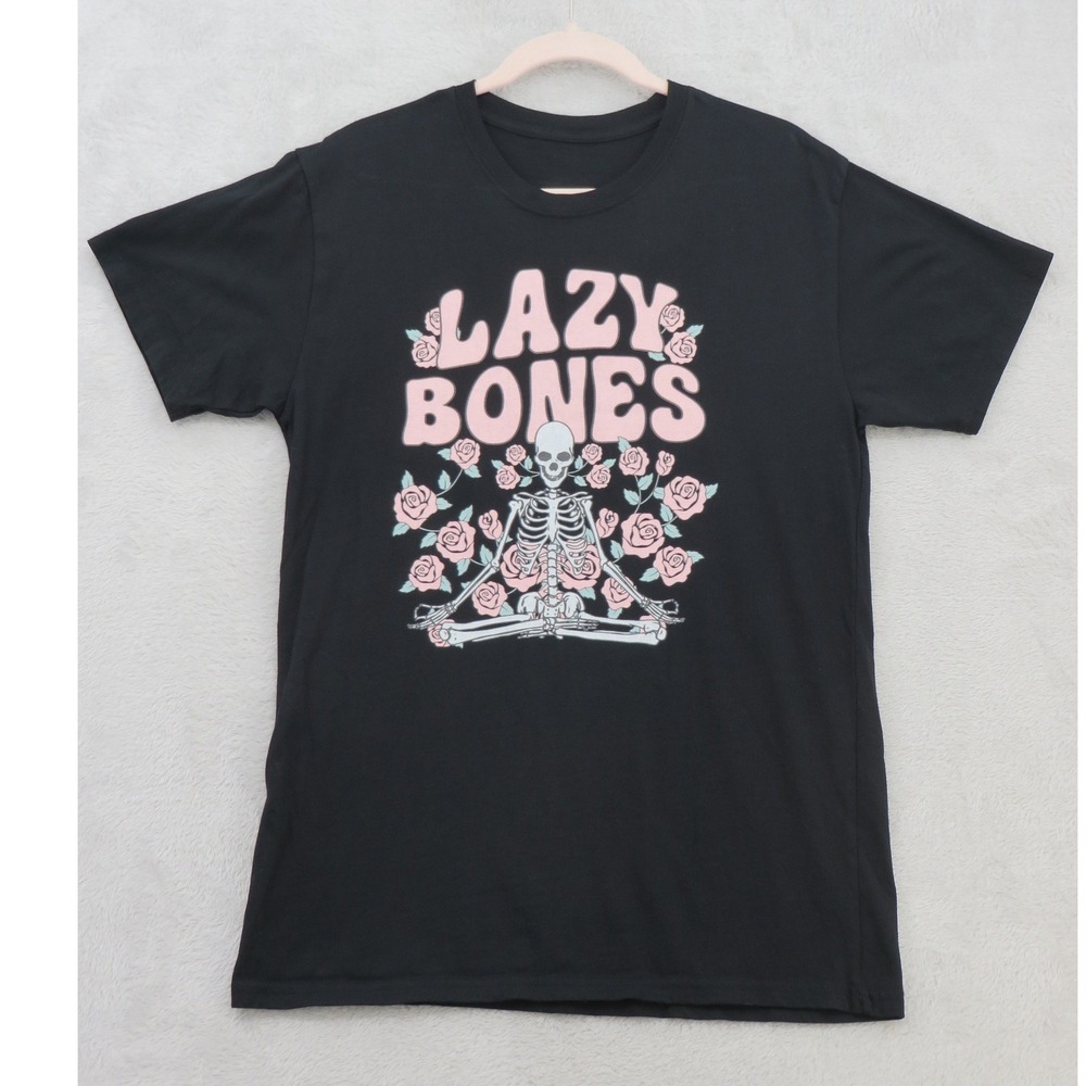 Lazy Bones Skeleton Roses Graphic T Shirt Black Pink Goth Halloween Tee Small
